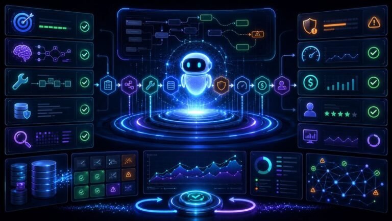 How to Evaluate Agentic AI Systems: Agentic AI evaluation dashboard showing task success, planning, tool use, memory, safety checks, human review, traces, and monitoring metrics