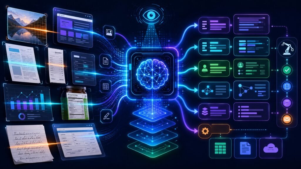 Image to text AI workflow showing screenshots, scanned documents, receipts, forms, OCR extraction, text recognition, and document understanding