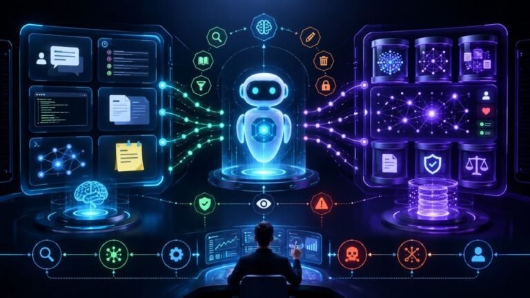 Memory in Agentic AI Systems:Agentic AI memory architecture showing short-term context, long-term memory, retrieved documents, tool results, user preferences, and governance controls