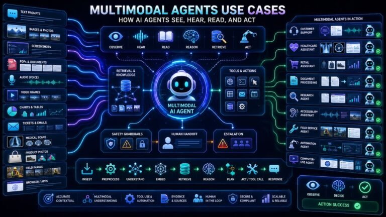 Multimodal agents use cases dashboard showing AI agents using text, images, voice, video, documents, tools, retrieval, and human handoff workflows