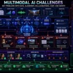 Multimodal AI challenges dashboard showing data alignment issues, hallucinations, OCR errors, privacy risks, latency, evaluation, and safety checks