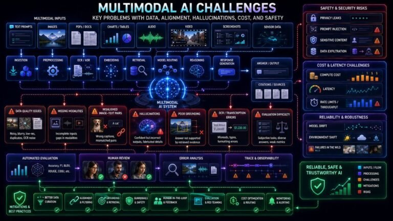 Multimodal AI challenges dashboard showing data alignment issues, hallucinations, OCR errors, privacy risks, latency, evaluation, and safety checks
