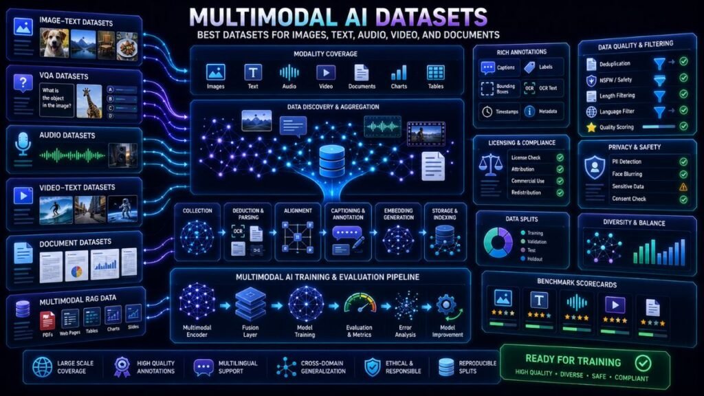 Multimodal AI datasets dashboard showing image-text pairs, audio, video, documents, VQA cards, annotations, quality checks, and model training pipelines