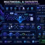 Multimodal AI datasets dashboard showing image-text pairs, audio, video, documents, VQA cards, annotations, quality checks, and model training pipelines