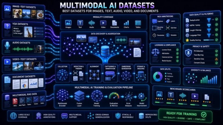 Multimodal AI datasets dashboard showing image-text pairs, audio, video, documents, VQA cards, annotations, quality checks, and model training pipelines