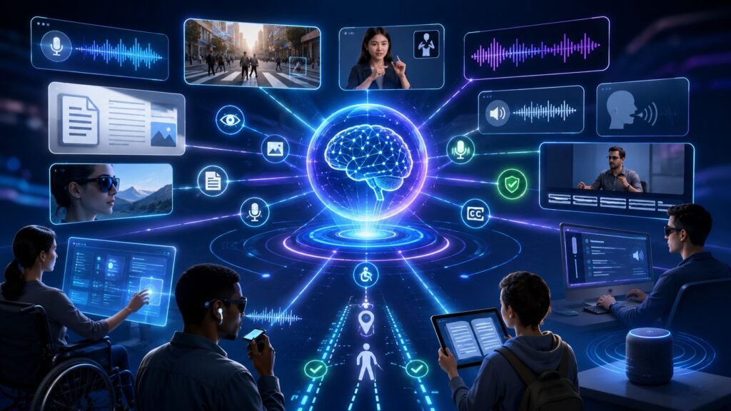 Multimodal AI for accessibility visual showing voice input, captions, image descriptions, screen readers, documents, wearable cameras, and assistive AI tools