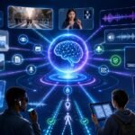 Multimodal AI for accessibility visual showing voice input, captions, image descriptions, screen readers, documents, wearable cameras, and assistive AI tools