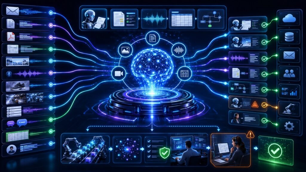 Multimodal AI for automation visual showing documents, screenshots, voice, video, forms, workflow tools, AI agents, approvals, and enterprise automation