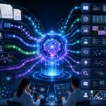 Multimodal AI for research visual showing scientific papers, microscopy images, charts, datasets, lab notes, embeddings, and AI-assisted discovery workflows