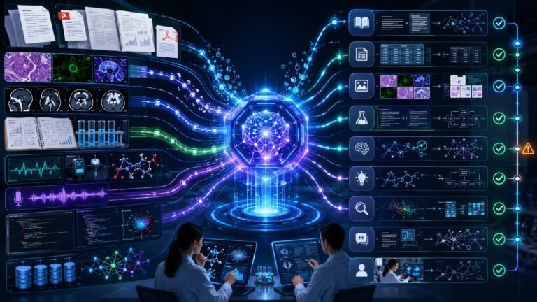 Multimodal AI for research visual showing scientific papers, microscopy images, charts, datasets, lab notes, embeddings, and AI-assisted discovery workflows