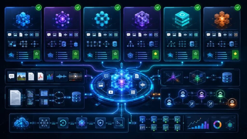 Multimodal AI frameworks comparison dashboard showing RAG pipelines, agents, documents, images, audio, video, embeddings, and developer workflow orchestration