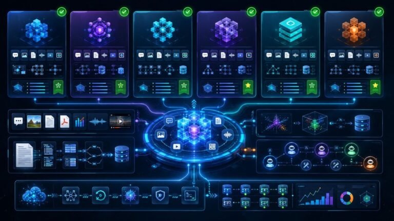 Multimodal AI frameworks comparison dashboard showing RAG pipelines, agents, documents, images, audio, video, embeddings, and developer workflow orchestration