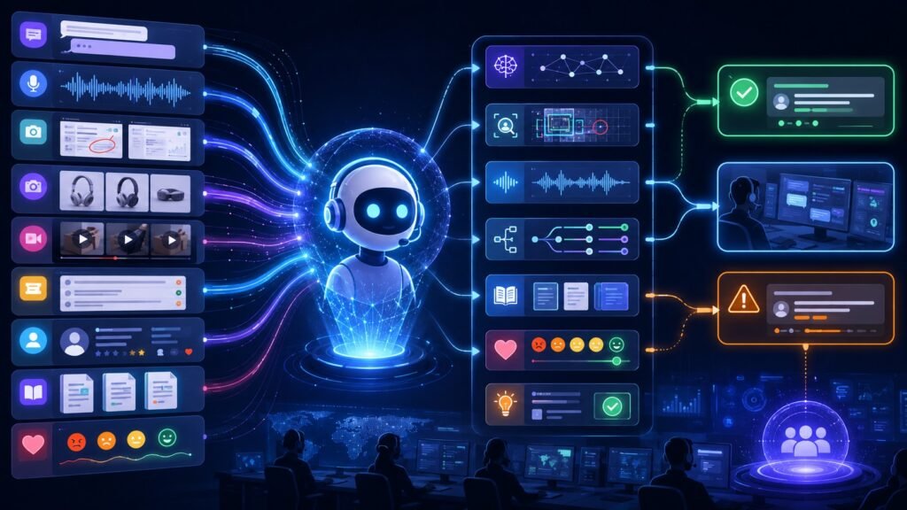 Multimodal AI in customer support visual showing chat, voice calls, screenshots, product images, support tickets, customer data, and AI agent workflows