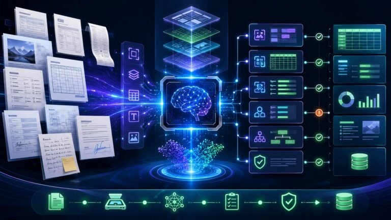 Multimodal AI in document processing workflow showing PDFs, invoices, forms, OCR extraction, table recognition, layout analysis, and structured data output
