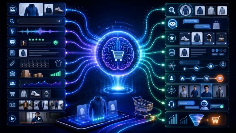 Multimodal AI in E commerce visual showing product images, search queries, voice shopping, reviews, recommendations, visual search, and AI shopping assistants
