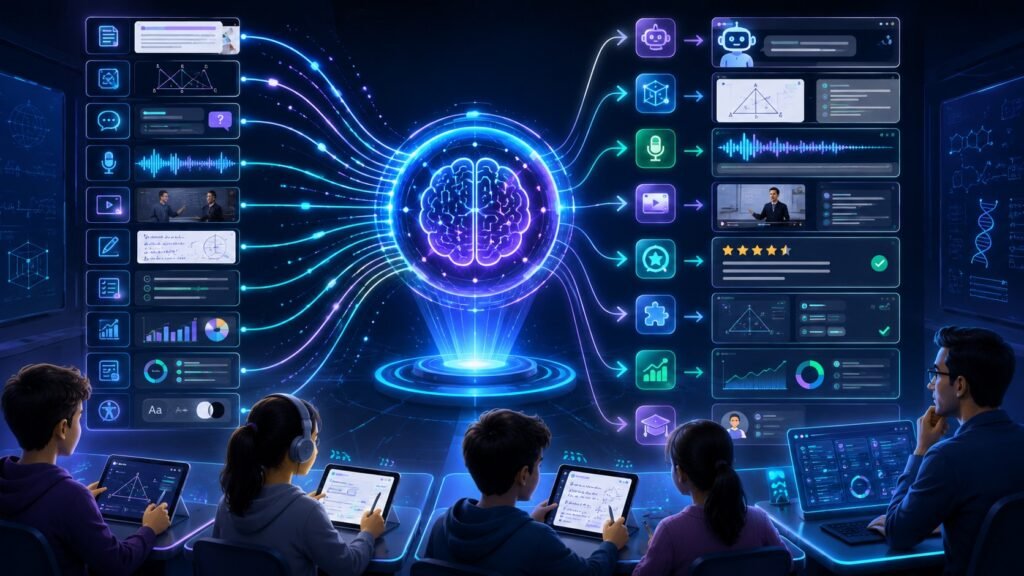 Multimodal AI in education visual showing text lessons, diagrams, voice inputs, videos, student dashboards, AI tutors, and interactive learning workflows