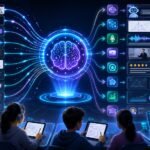 Multimodal AI in education visual showing text lessons, diagrams, voice inputs, videos, student dashboards, AI tutors, and interactive learning workflows
