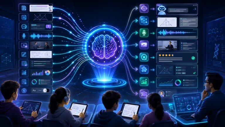 Multimodal AI in education visual showing text lessons, diagrams, voice inputs, videos, student dashboards, AI tutors, and interactive learning workflows