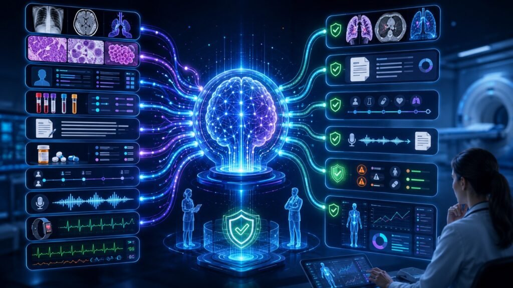 Multimodal AI in healthcare visual showing medical scans, clinical notes, lab results, voice data, patient records, and AI decision support