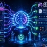 Multimodal AI in healthcare visual showing medical scans, clinical notes, lab results, voice data, patient records, and AI decision support