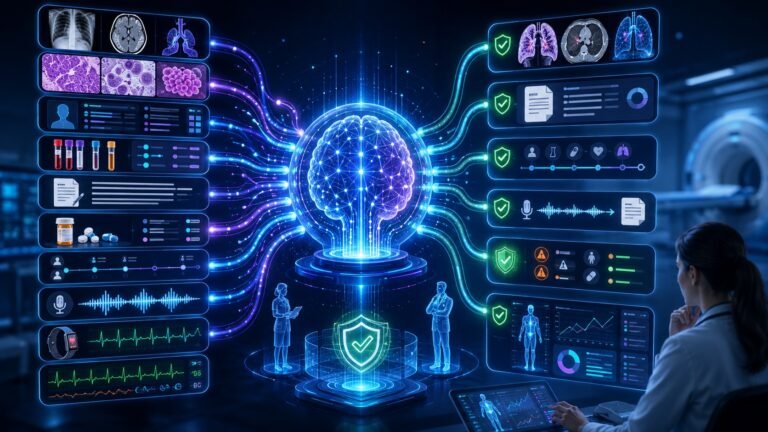 Multimodal AI in healthcare visual showing medical scans, clinical notes, lab results, voice data, patient records, and AI decision support