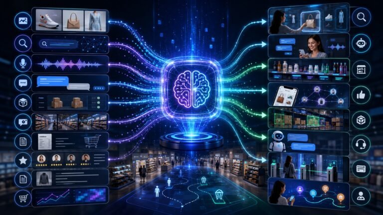 Multimodal AI in retail visual showing product images, voice search, customer data, shelf cameras, smart stores, visual search, and AI shopping assistants