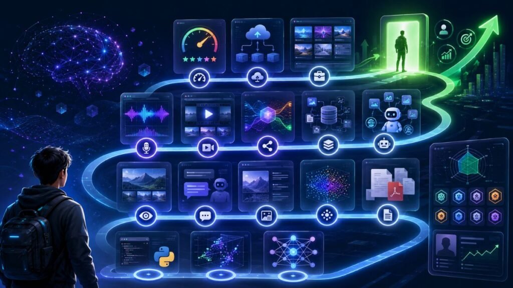 Multimodal AI roadmap career visual showing skills, projects, VLMs, document AI, audio, video, RAG, agents, evaluation, and career milestones