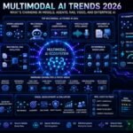 Multimodal AI trends 2026 dashboard showing vision-language models, agents, RAG, video, audio, documents, embeddings, enterprise workflows, and safety checks