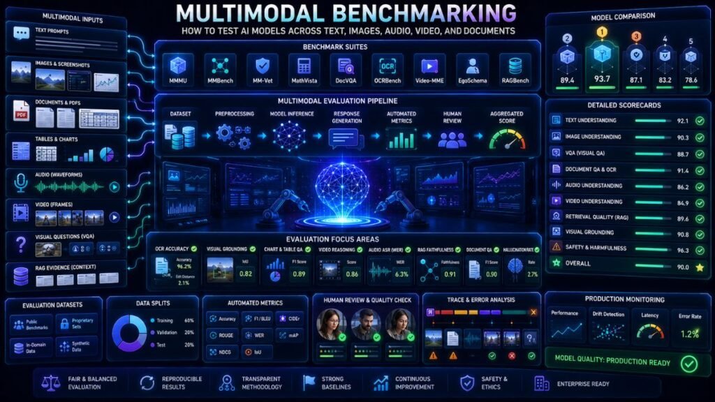 Multimodal benchmarking dashboard showing AI models tested on text, images, PDFs, audio, video, OCR, visual grounding, RAG, and benchmark scorecards
