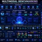 Multimodal benchmarking dashboard showing AI models tested on text, images, PDFs, audio, video, OCR, visual grounding, RAG, and benchmark scorecards
