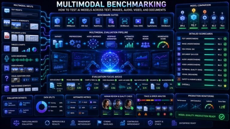 Multimodal benchmarking dashboard showing AI models tested on text, images, PDFs, audio, video, OCR, visual grounding, RAG, and benchmark scorecards