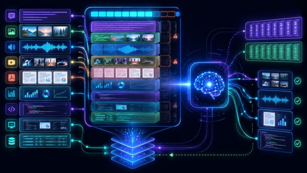 Multimodal context windows visual showing text, images, audio, video, documents, token budgets, context limits, and AI reasoning