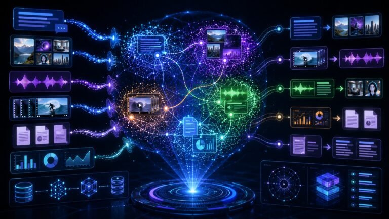Multimodal embeddings visual showing text, images, audio, video, PDFs, vectors, semantic clusters, and cross-modal search in a shared vector space