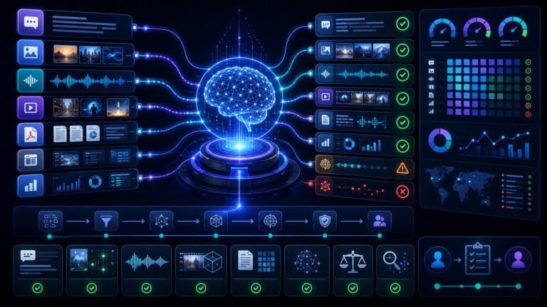 Multimodal evaluation dashboard showing text, images, audio, video, documents, benchmarks, scorecards, tracing, and AI quality checks