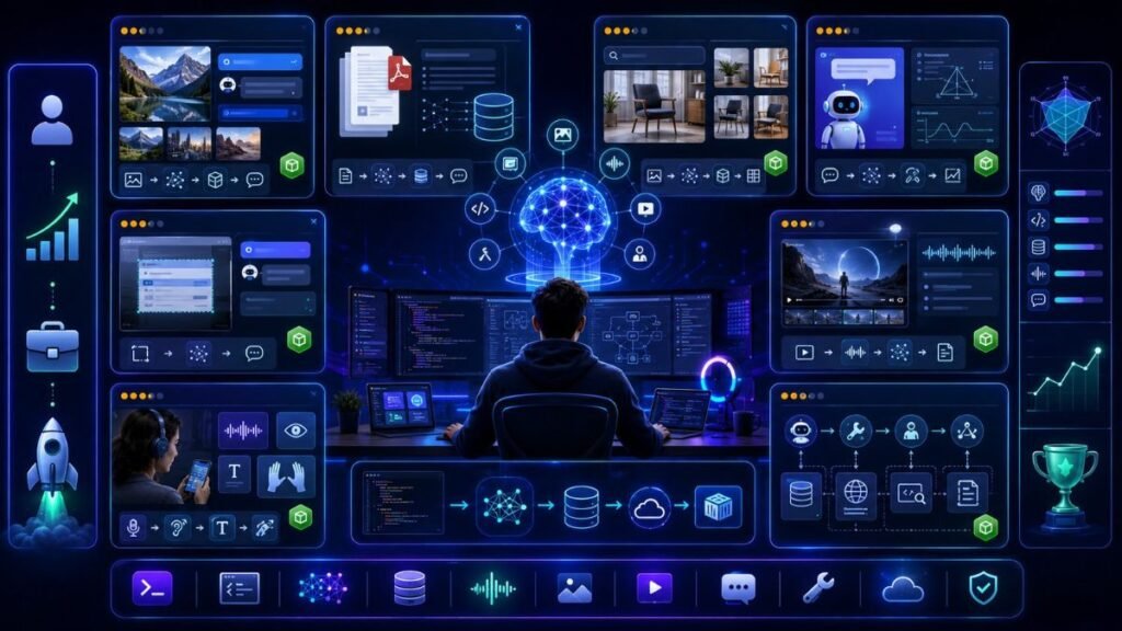 Multimodal project ideas dashboard showing AI portfolio projects with images, documents, audio, video, RAG, agents, GitHub cards, and evaluation scorecards