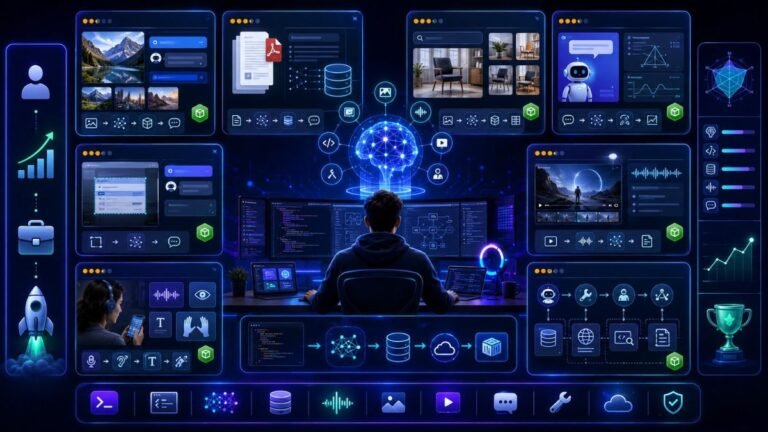 Multimodal project ideas dashboard showing AI portfolio projects with images, documents, audio, video, RAG, agents, GitHub cards, and evaluation scorecards