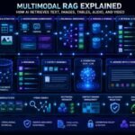 Multimodal RAG Explained pipeline showing text, images, PDFs, tables, audio, video, embeddings, retrieval, citations, and grounded AI answers