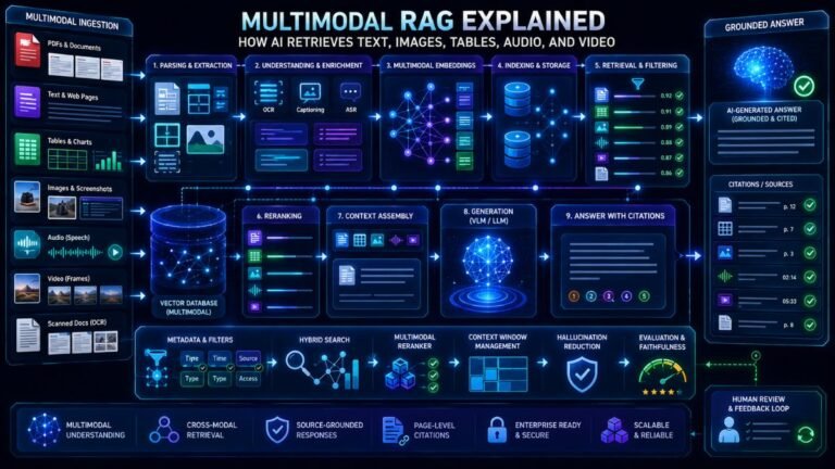 Multimodal RAG Explained pipeline showing text, images, PDFs, tables, audio, video, embeddings, retrieval, citations, and grounded AI answers