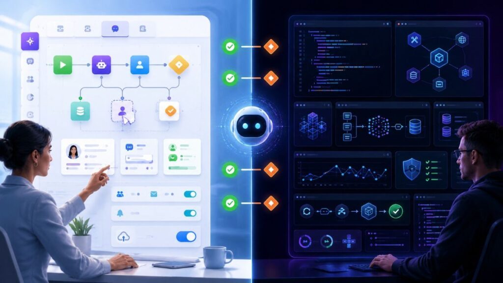 No-code vs developer-first agentic AI platforms comparison showing workflow builders, SDKs, tools, APIs, observability, security, and deployment trade-offs