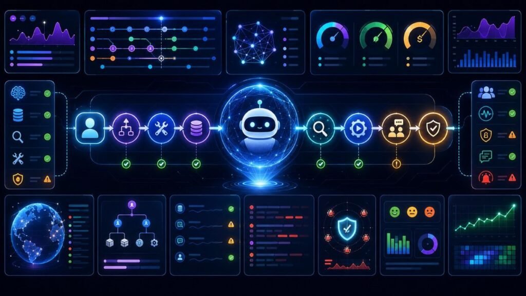 Observability for Agentic AI: Agentic AI observability dashboard showing traces, tool calls, memory events, retrieval, latency, cost, safety flags, and human review checkpoints