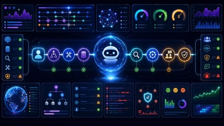 Observability for Agentic AI: Agentic AI observability dashboard showing traces, tool calls, memory events, retrieval, latency, cost, safety flags, and human review checkpoints