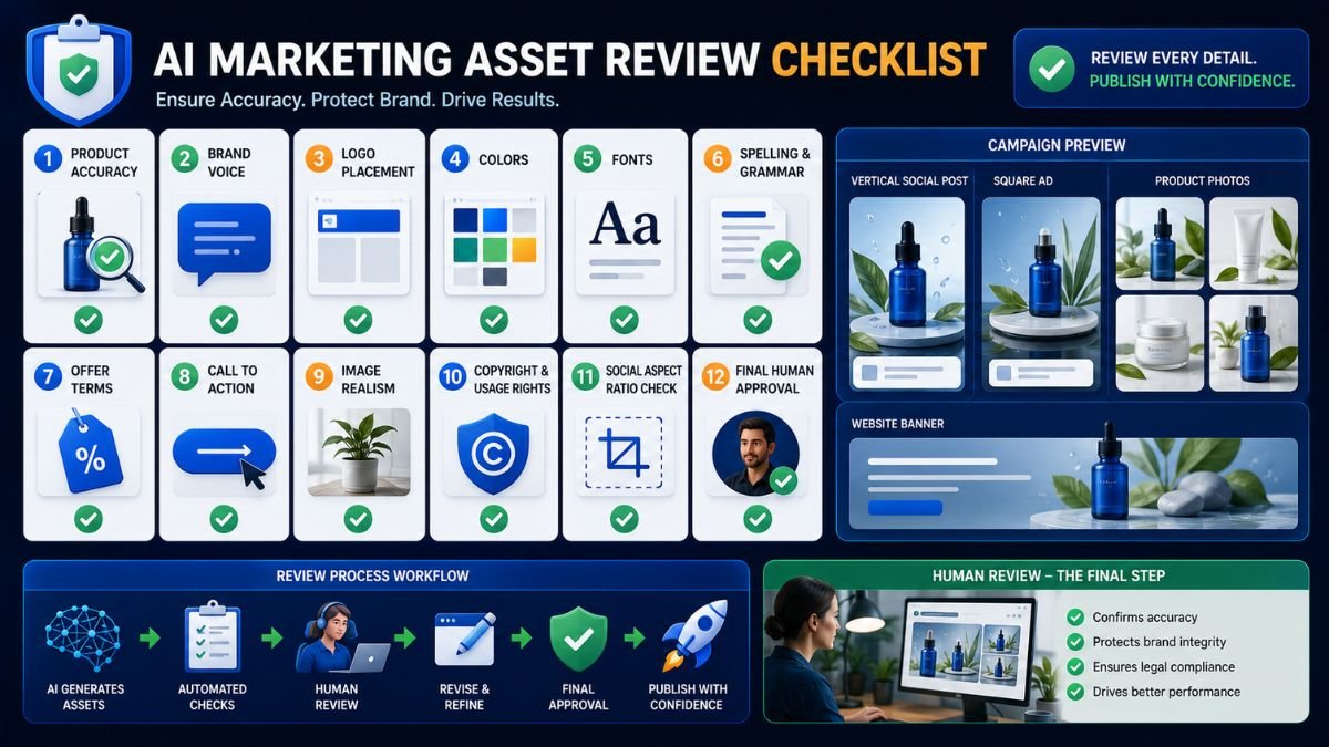 Checklist for reviewing Pomelli campaign assets for product accuracy, brand voice, design consistency, copyright, and final approval