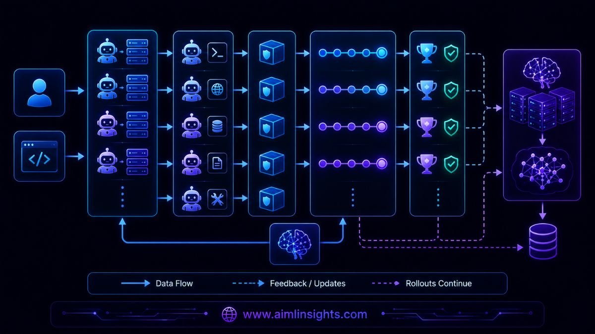 Asynchronous prime-rl workflow for agent rollouts rewards training and weight updates