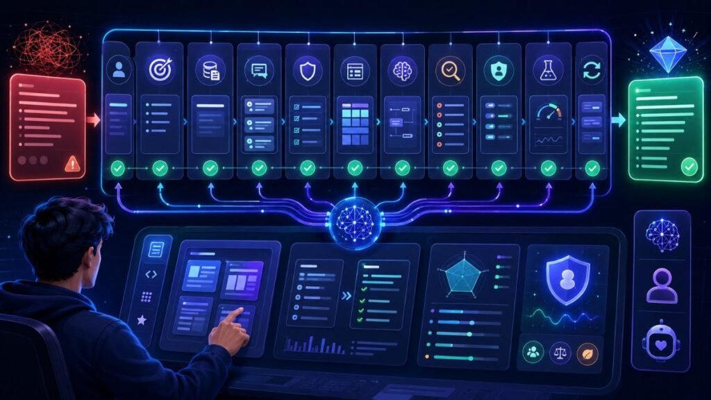 prompt engineering best practices: AI prompt optimization dashboard showing prompt engineering best practices, structured prompts, testing, and output review.