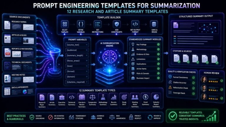 Prompt Engineering Templates for Summarization: AI summarization template dashboard showing reusable prompts for research papers, articles, reports, and technical documents.