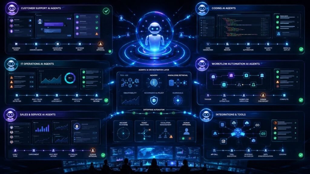 real-world agentic AI use cases: Agentic AI use cases dashboard showing customer support agents, coding agents, operations agents, tools, tickets, APIs, alerts, and human approval