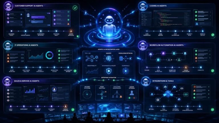 real-world agentic AI use cases: Agentic AI use cases dashboard showing customer support agents, coding agents, operations agents, tools, tickets, APIs, alerts, and human approval