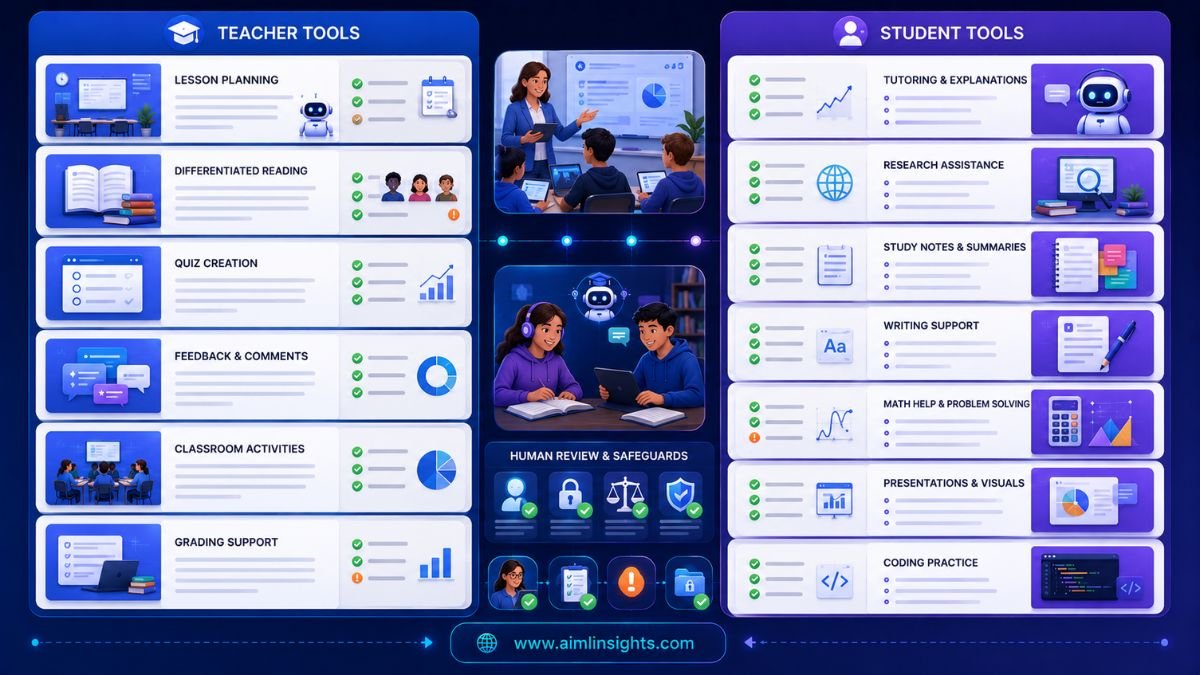 Teacher and student AI tool matrix comparing lesson planning, quizzes, feedback, tutoring, study notes, writing support, and coding practice