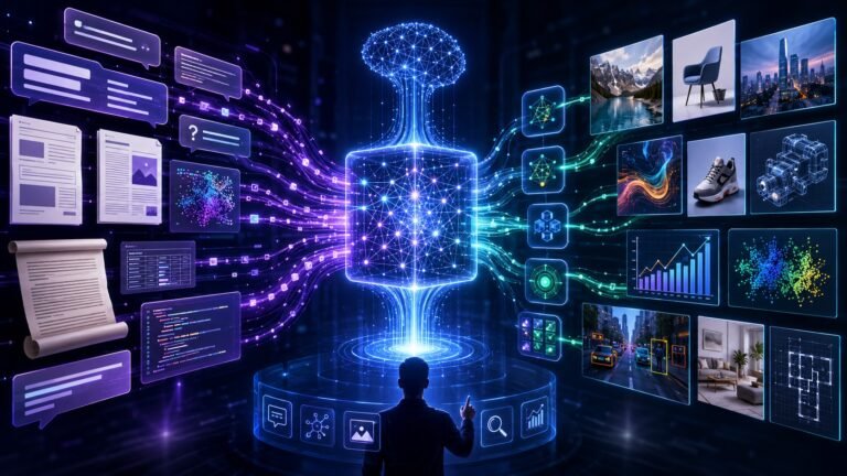 Text and image models visual showing AI connecting prompts, captions, screenshots, charts, photos, embeddings, and visual reasoning together