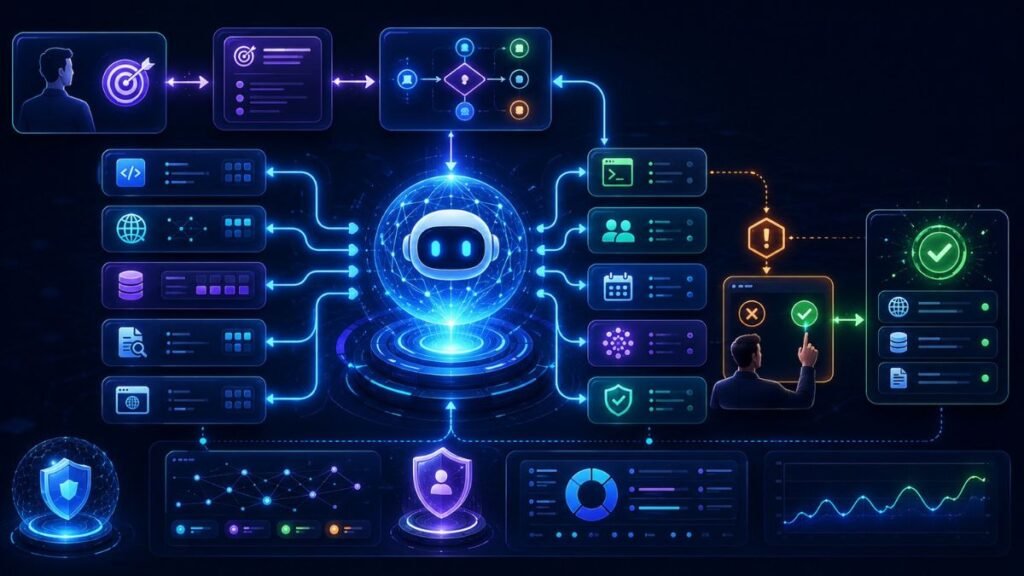 Tool Use in Agentic AI:Agentic AI tool use dashboard showing function calling, API connectors, databases, code tools, external actions, permissions, audit logs, and human approval